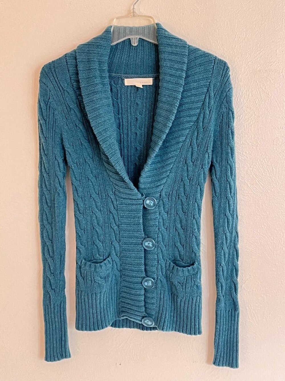 Teal Cable Knit Shawl Collar Cotton Blend Cardigan Women's Size S Cottagecore